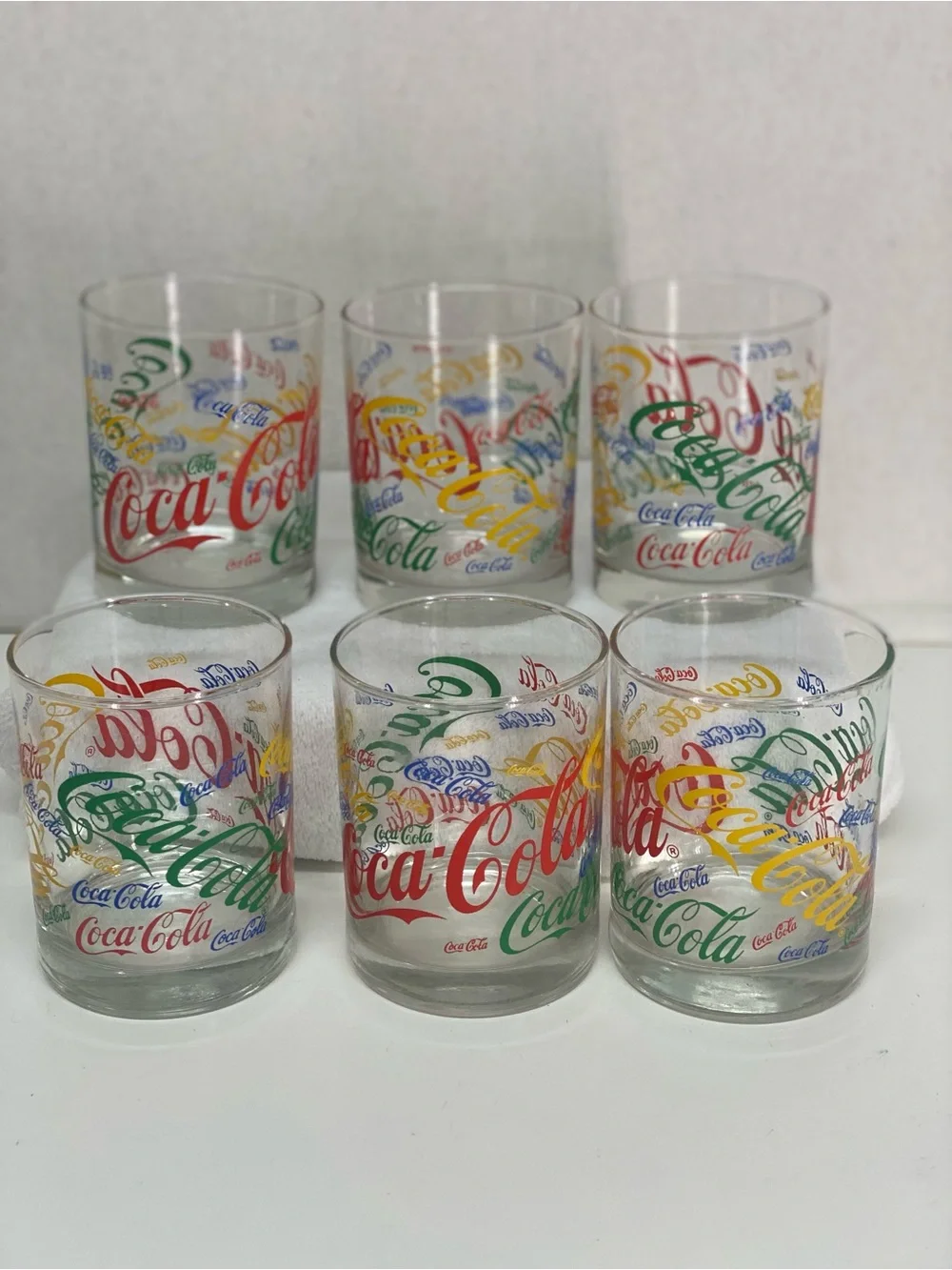 Coca Cola Set of 6 Multicolor Logo Glass 12 ounce Retro Repeated Logo Colorful